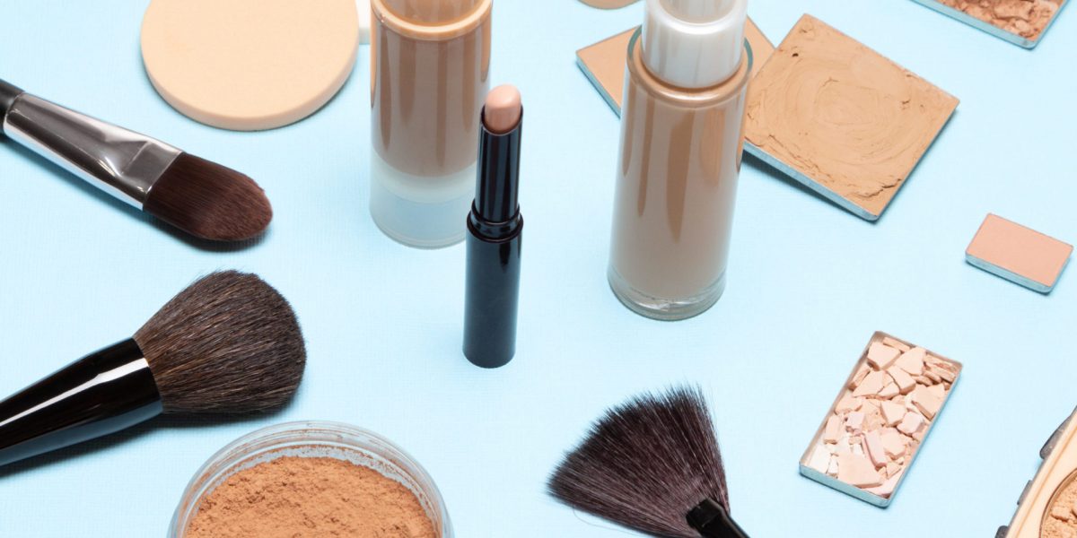 Corrective makeup set. Concealers, primer, foundation, powder, make-up brushes and sponges